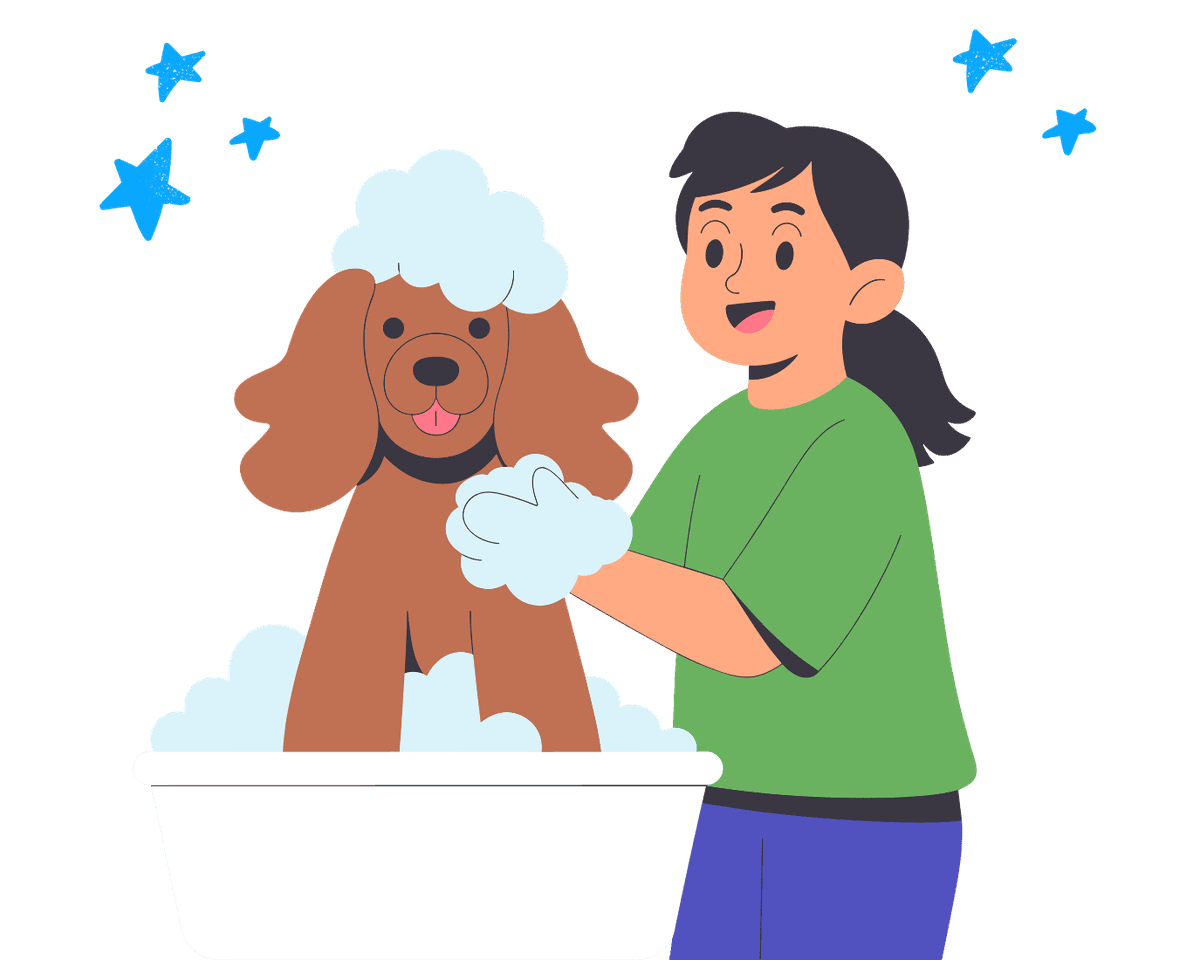 Illustration of a happy dog being professionally groomed by Sparky Suds mobile groomers in Westchester County, NY